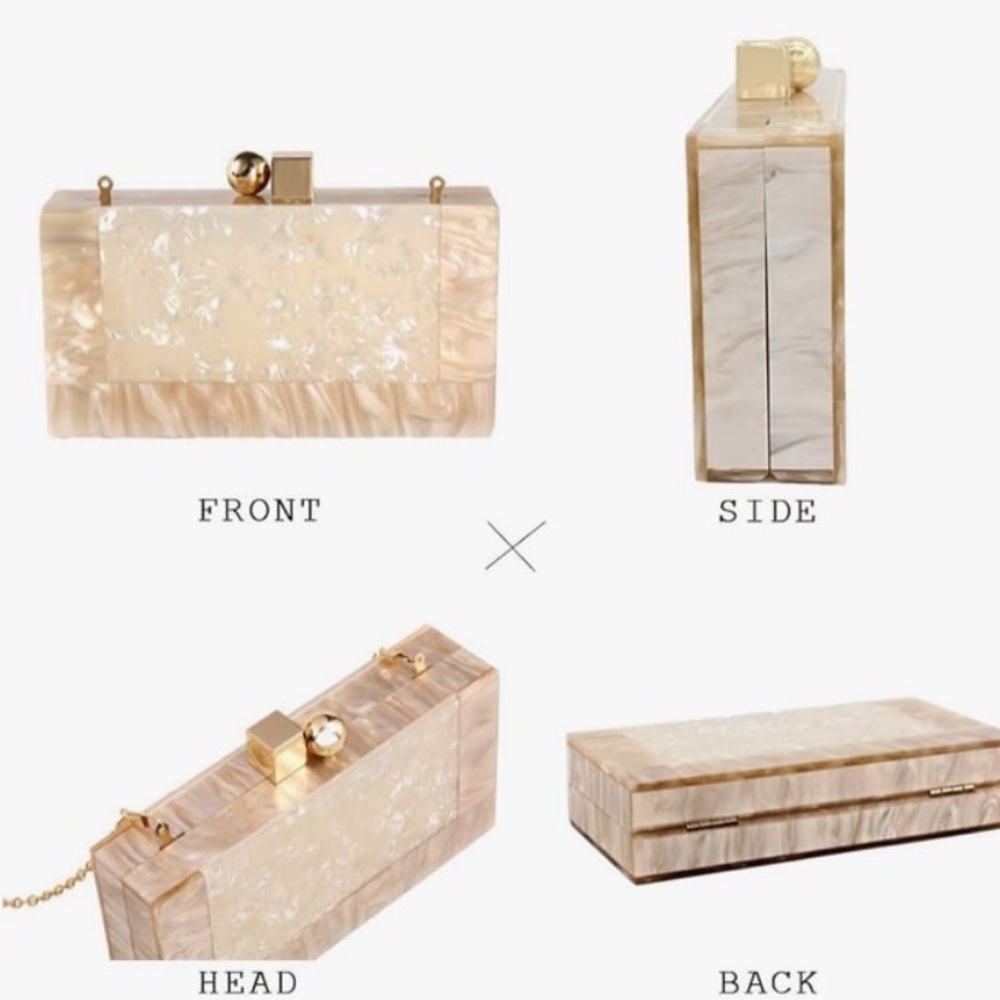 Menurra Acrylic Box Clutch Champagne Cream w/ Glossy Marble Handbag w/Gold Chain - Picture 7 of 12